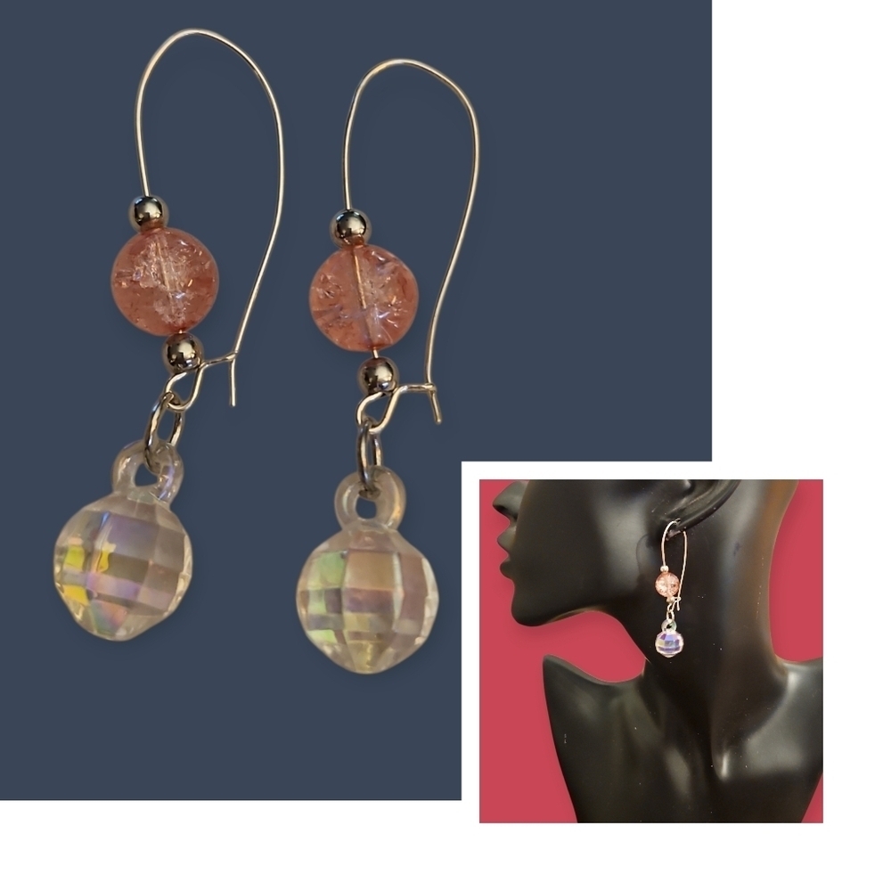 3/$30 HANDCRAFTED Silver and Pink Crackle Glass Beaded Disco Ball Hoop Earrings